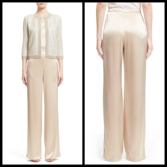 💕ST. JOHN💕 Liquid Satin Pant Elastic Back Pull-On Wide-Leg ~ Travertine M NWOT - Picture 4 of 16